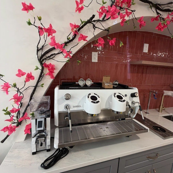 White Sanremo D8 two-group under a blossom archway