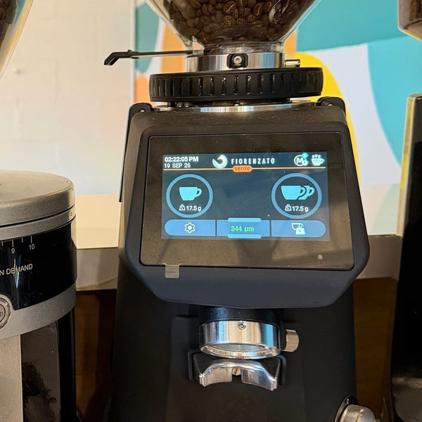 Black F64 Evo Pro Sense with a full hopper in a café
